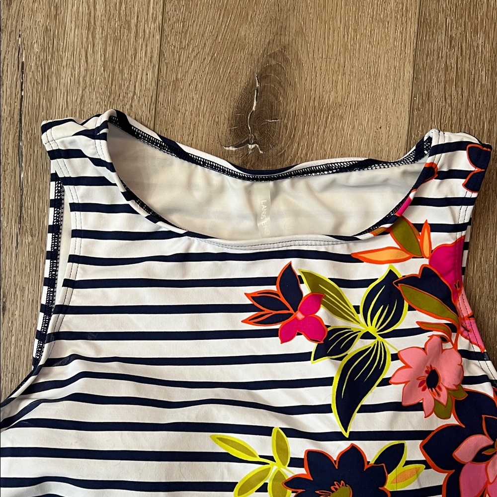 Lands' End ~ Navy and White Striped/Floral High Neck Swim Tank Tankini Top, 14 - Picture 4 of 15